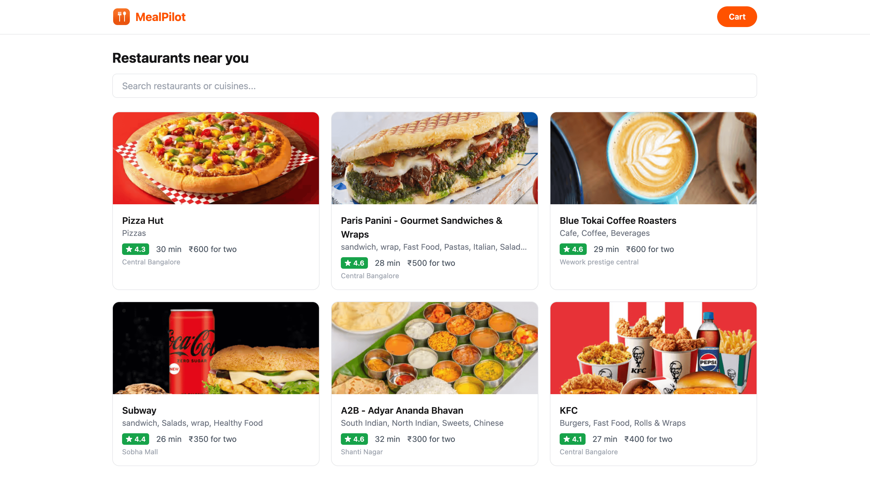 MealPilot — restaurant listing with search