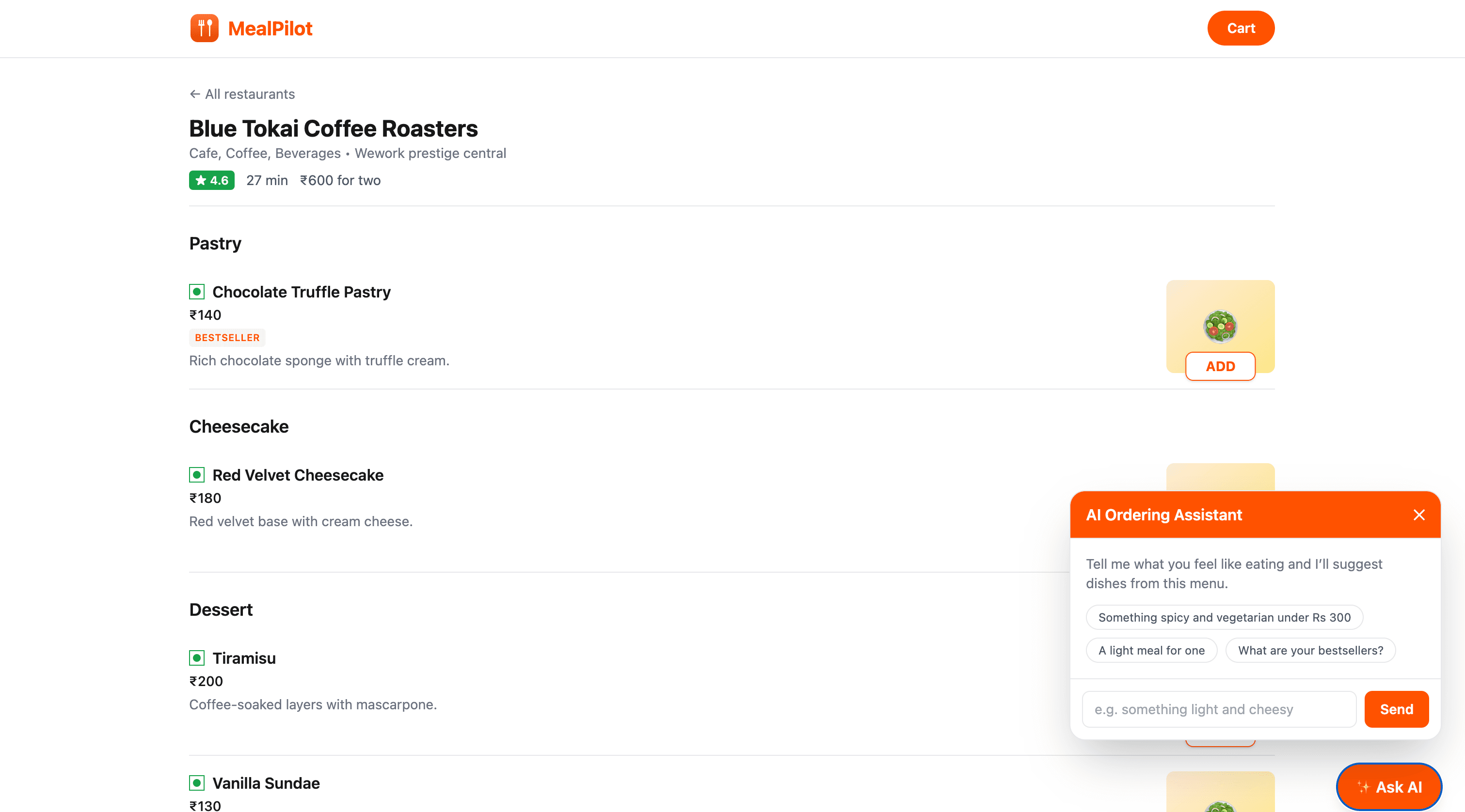 MealPilot — menu page with AI ordering assistant